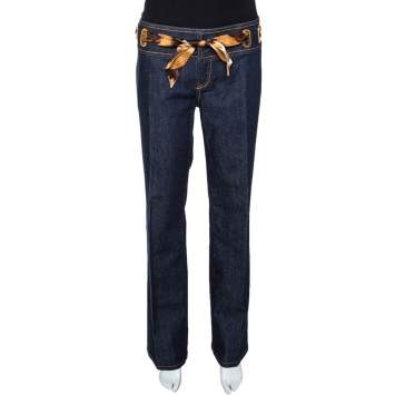 Pre Owned Roberto Cavalli Indigo Denim & Silk Waist Trim Straight Leg Jeans L
