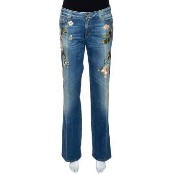 Pre Owned Roberto Cavalli Blue Floral Embroidered Denim Flared Jeans L