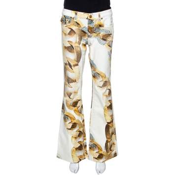Pre Owned Roberto Cavalli Cream Jewel Printed Denim Flared Jeans L 