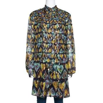 Pre Owned Roberto Cavalli Multicolor Printed Silk Lurex Detail Pleated Tunic L