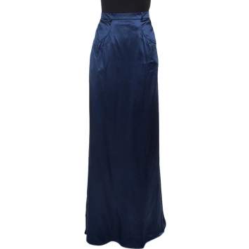 Pre Owned Roberto Cavalli Navy Blue Silk Satin Maxi Skirt L