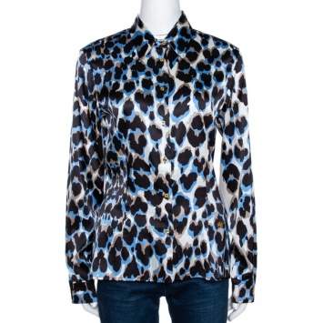 Pre Owned Roberto Cavalli Black & Blue Leopard Print Silk Satin Shirt L