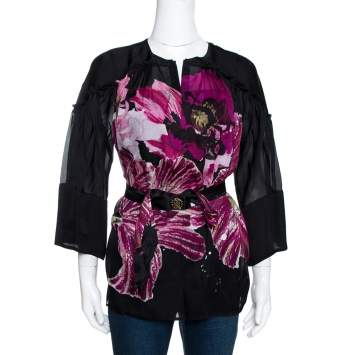 Pre Owned Roberto Cavalli Black Printed Silk Belt Detail Sheer Blouse M