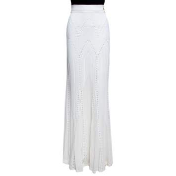 Pre Owned Roberto Cavalli White Pointelle Knit Maxi Skirt L