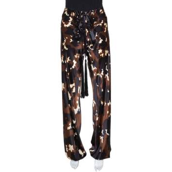 Pre Owned Roberto Cavalli Brown Printed Silk Satin Wide Leg Pants M