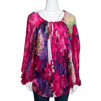 مملوكة مسبقًا Roberto Cavalli Pink & Purple Floral Printed Silk Pleated Gypsy Blouse M 