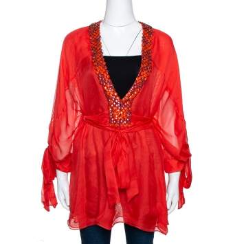 Pre Owned Roberto Cavalli Neon Orange Silk Mesh Embellished Plunge Neck Top M