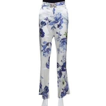 Pre Owned Roberto Cavalli White & Blue Floral Printed Stretch Silk Straight Leg Trousers L