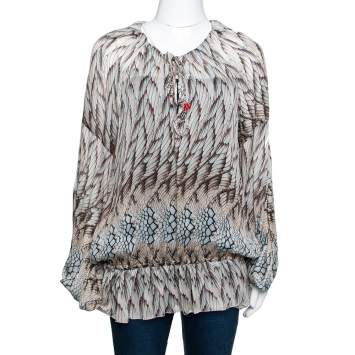 Pre Owned Roberto Cavalli Multicolor Feather Printed Silk Gypsy Blouse L