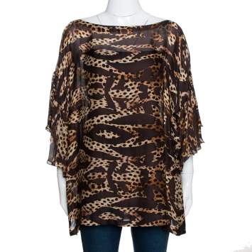 مملوكة مسبقًا Roberto Cavalli Brown Animal Printed Silk Boat Neck Top M
