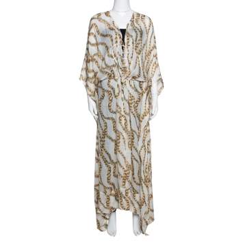Pre Owned Roberto Cavalli Cream Jewel Printed Silk Maxi Kaftan Dress 