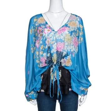 Pre Owned Roberto Cavalli Blue Floral Print Silk Sheer Kaftan Top L