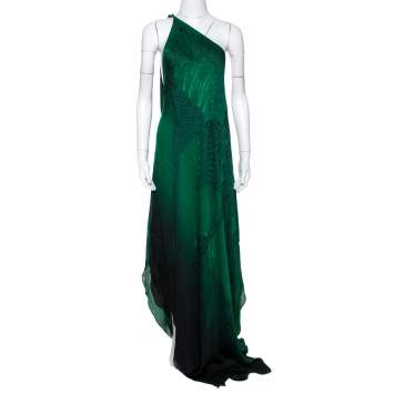 Pre Owned Roberto Cavalli Green Wings Texture Print Silk Draped Maxi Kaftan M