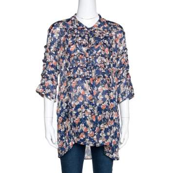 Pre Owned Roberto Cavalli Blue Floral Print Silk Ruffle Detail Blouse M
