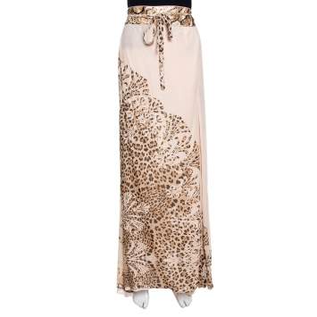 Pre Owned Roberto Cavalli Cream Animal Print Silk Pleated Faux Wrap Skirt L
