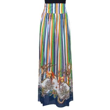 Pre Owned Roberto Cavalli Multicolor Stripe Print Cotton Side Mesh Detail Skirt M