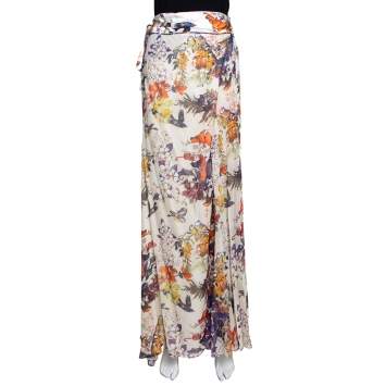 Pre Owned Roberto Cavalli Cream Floral Bird Print Silk Faux Wrap Skirt M