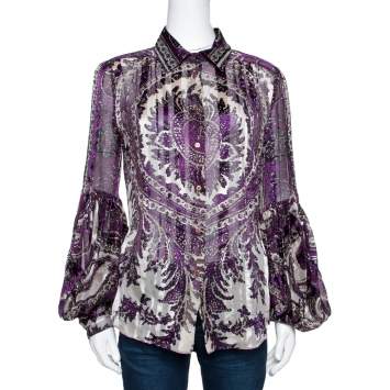 Pre Owned Roberto Cavalli Purple Shimmer Paisley Print Silk Sheer Blouse L