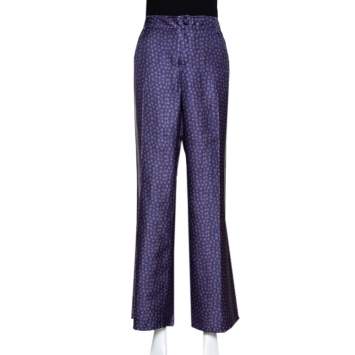 Pre Owned Roberto Cavalli Blue Floral Print Silk Wide Leg Pants L