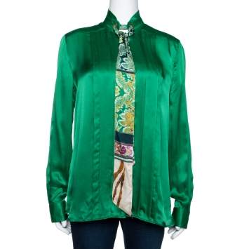 مملوكة مسبقًا Roberto Cavalli Green Silk Neck Tie Detail Long Sleeve Blouse M