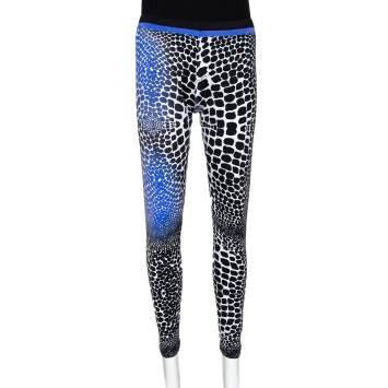 Pre Owned Roberto Cavalli Black & Blue Animal Print Stretch Knit Leggings L