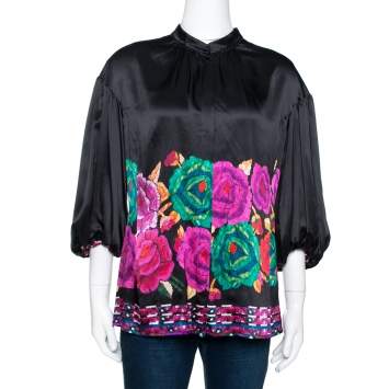 مملوكة مسبقًا Roberto Cavalli Black Floral Printed Silk Balloon Sleeve Blouse M
