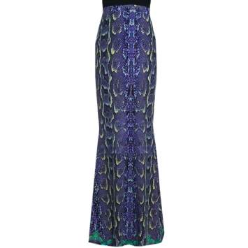 Pre Owned Roberto Cavalli Purple Snakeskin Printed Stretch Jersey Maxi Skirt L 