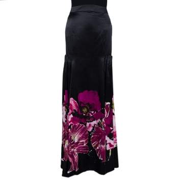 Pre Owned Roberto Cavalli Black & Fuschia Floral Printed Silk Pleated Detail Maxi Skirt L