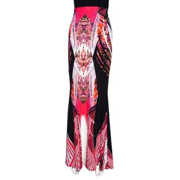 Pre Owned Roberto Cavalli Pink Abstract Printed Jersey Flared Maxi Skirt L 