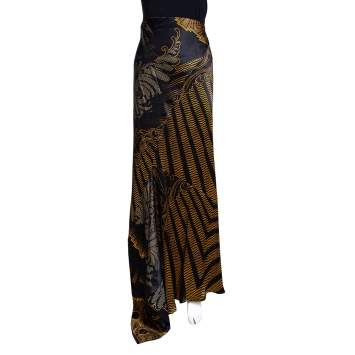 Pre Owned Roberto Cavalli Black & Gold Abstract Printed Silk Flared Maxi Skirt L 