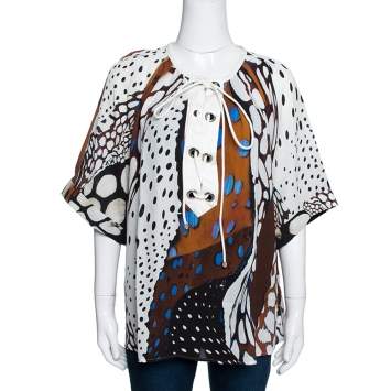Pre Owned Roberto Cavalli Multicolor Abstract Animal Printed Silk Crepe Short Sleeve Top L 