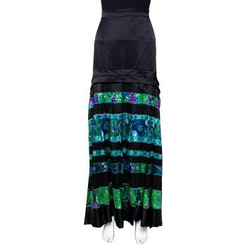 Pre Owned Roberto Cavalli Black & Green Striped Floral Printed Silk Flared Maxi Skirt L 