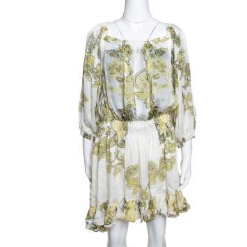 Pre Owned Roberto Cavalli White & Yellow Floral Print Silk Ruffled Dress L