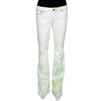 Pre Owned Roberto Cavalli White Floral Printed & Embossed Cotton Flared Jeans L
