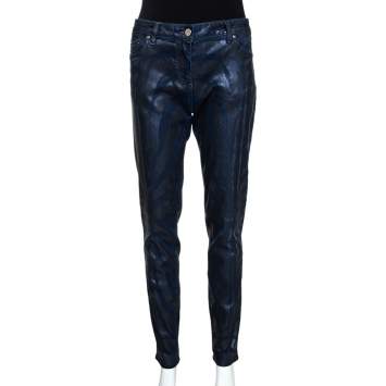 Pre Owned Roberto Cavalli Navy Blue Metallic Print Denim Fitted Jeans L