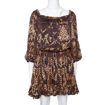 Pre Owned Roberto Cavalli Brown Animal Print Silk Ruffled Dress L