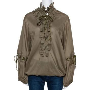 مملوكة مسبقًا Roberto Cavalli Olive Green Cotton Ruffled Long Sleeve Top M