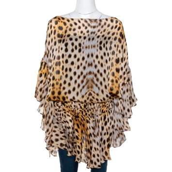 Pre Owned Roberto Cavalli Beige Animal Print Silk Gathered Kaftan Blouse M