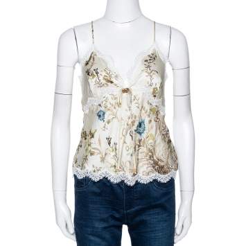 Pre Owned Roberto Cavalli Cream Floral Shimmer Print Silk Lace Trim Camisole L