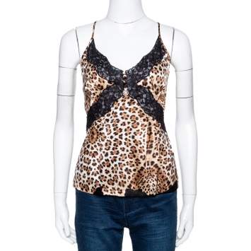 مملوكة مسبقًا Roberto Cavalli Brown Animal Print Silk Lace Trim Camisole Top L