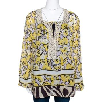 مملوكة مسبقًا Roberto Cavalli Yellow Printed Cotton Bead Embellished Top L