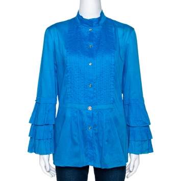 Pre Owned Roberto Cavalli Blue Cotton Tiered Sleeve Pintucked Detail Shirt L