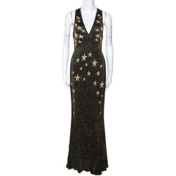 Pre Owned Roberto Cavalli Black & Gold Star Lurex Rib Knit Sleeveless Gown M