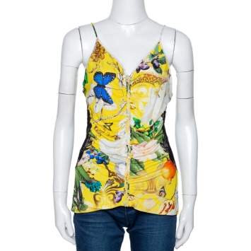 Pre Owned Roberto Cavalli Yellow Wonderland Floral Print Lace Detail Top L