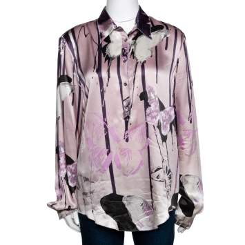 Pre Owned Roberto Cavalli Pale Pink Butterfly Print Silk Long Sleeve Shirt L