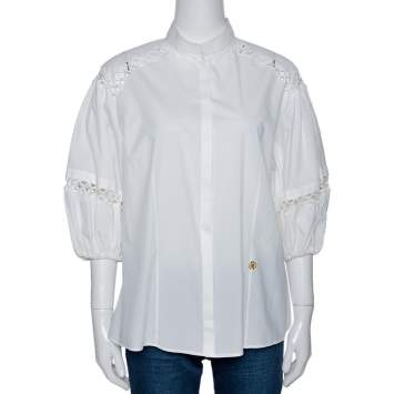 مملوكة مسبقًا Roberto Cavalli White Cotton Eyelet Lace Trim Blouse L