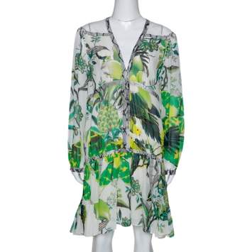 Pre Owned Roberto Cavalli Green Tropical Parrot Print Silk Gathered Dress M