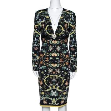 Pre Owned Roberto Cavalli Black Oriental Garden Printed Jersey Floral Brooch Detail Dress M 