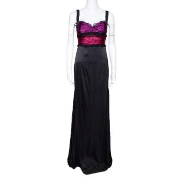 Pre Owned Roberto Cavalli Black Silk Lace Trim Gathered Maxi Dress M