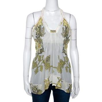 Pre Owned Roberto Cavalli Cream Printed Silk Sheer Halter Top S